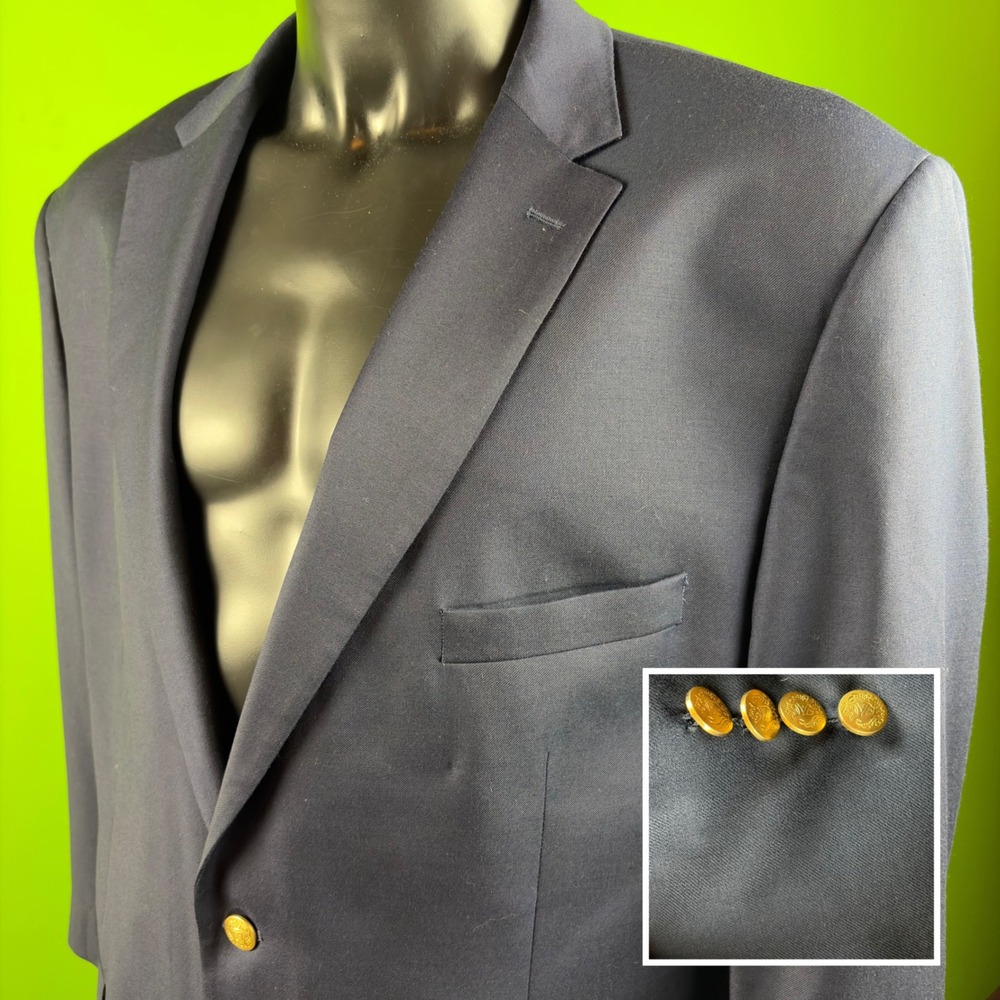 Jos A Bank Signature Navy Wool Blazer Gold Buttons Mens 50L Tailored Fit Coat